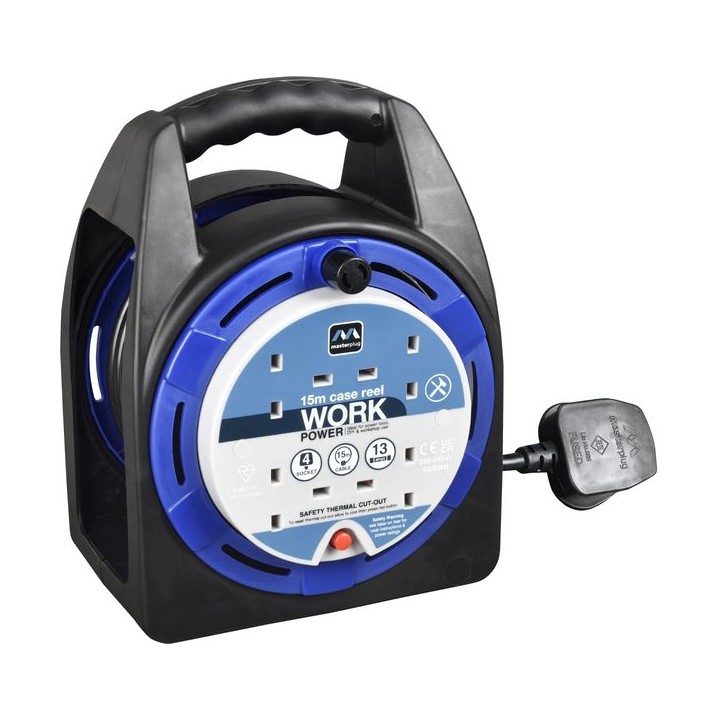 Masterplug HST1513/4BL-MP 15m 4 Socket Case Cable Reel with Thermal Cut Out 260x150x190mm