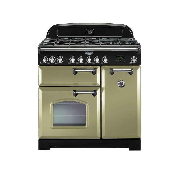 Rangemaster Classic Deluxe Dual Fuel Range Cooker 90cm Olive Green with Chrome Trim - CDL90DFFOG/C