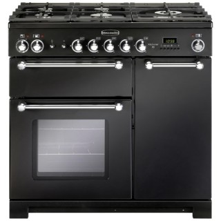 Rangemaster Kitchener Dual Fuel Range Cooker 90cm Black with Chrome Trim - KCH90DFFBL/C_HD