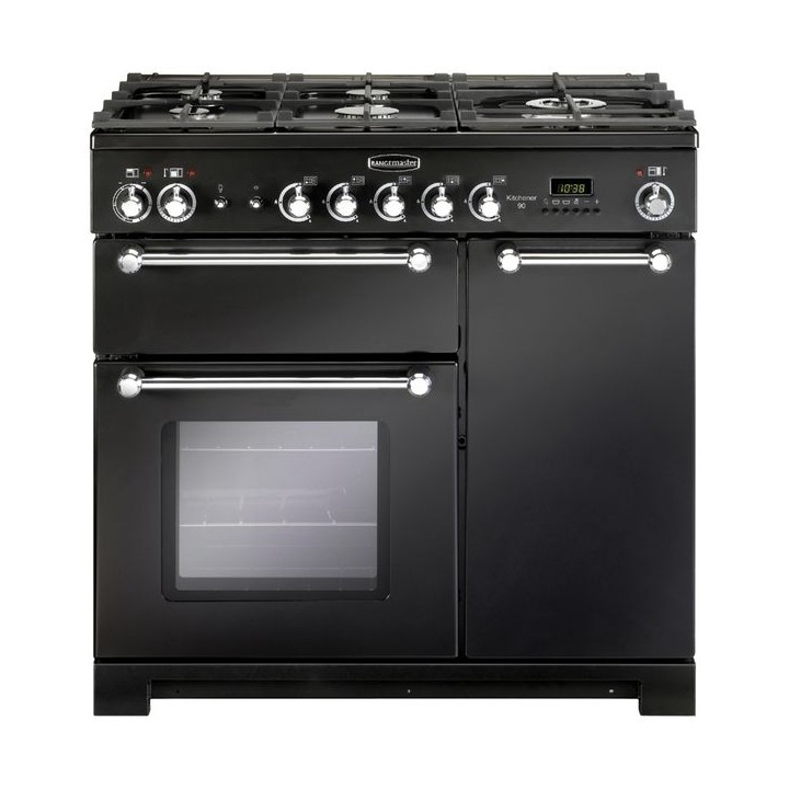 Rangemaster Kitchener Dual Fuel Range Cooker 90cm Black with Chrome Trim - KCH90DFFBL/C_HD