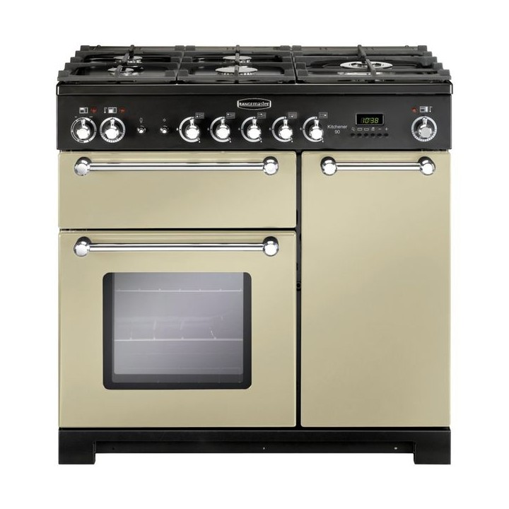 Rangemaster Kitchener Dual Fuel Range Cooker 90cm Cream with Chrome Trim - KCH90DFFCR/C_HD
