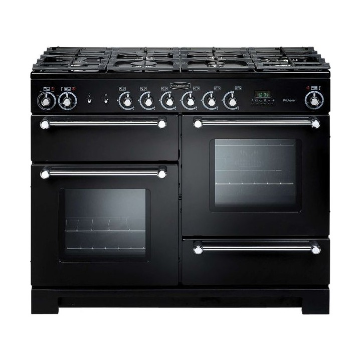 Rangemaster Kitchener Dual Fuel Range Cooker 110cm Black with Chrome Trim - KCH110DFFBL/C_HD