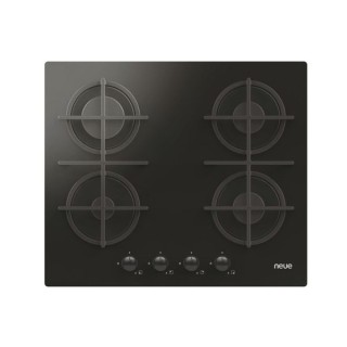 Neue NVG6B Gas On Glass 4 Burner Hob with Cast Iron Pan Supports Black 60cm