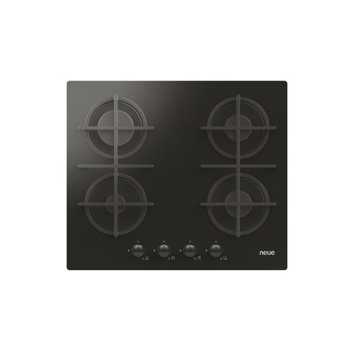 Neue NVG6B Gas On Glass 4 Burner Hob with Cast Iron Pan Supports Black 60cm