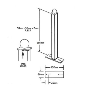 Universal Blank Ball Top Metal Post 50mm Square x 960mm Long Bolt Down Zinc & Powder BP50X960BZP