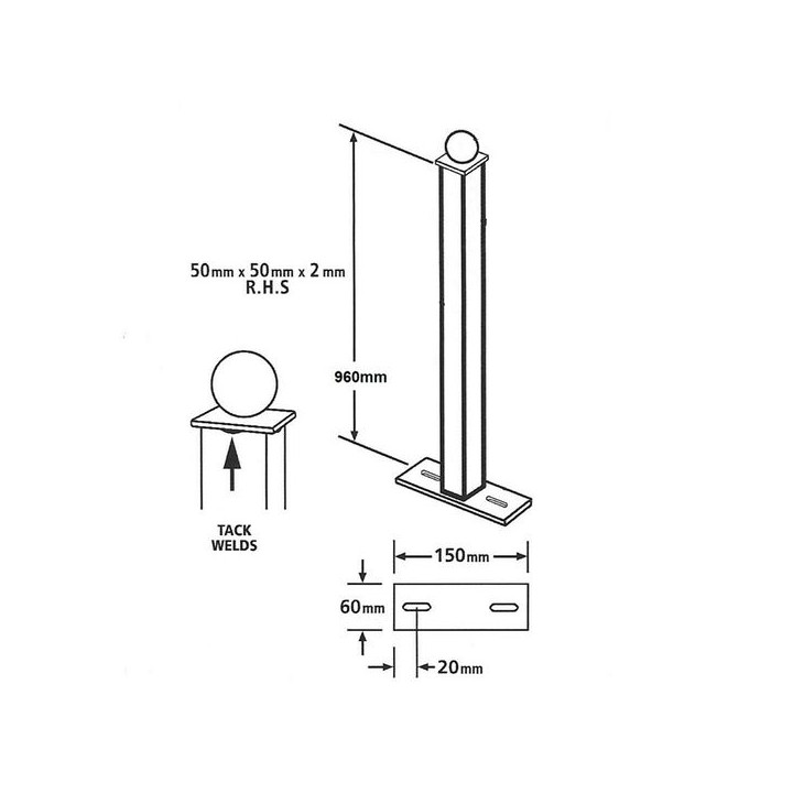 Universal Blank Ball Top Metal Post 50mm Square x 960mm Long Bolt Down Zinc & Powder BP50X960BZP