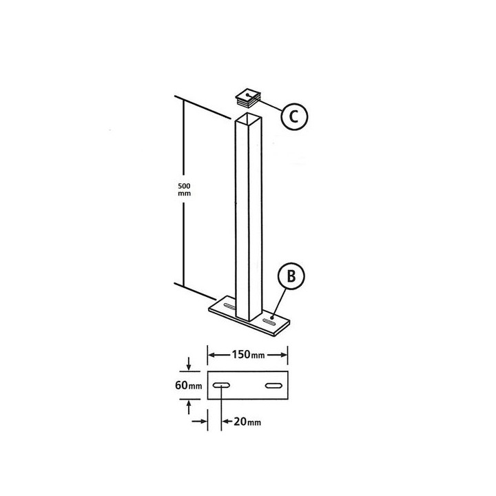 Universal Blank Flat Top Metal Post 50mm Square x 500mm Long Bolt Down Zinc & Powder BP50X500ZP