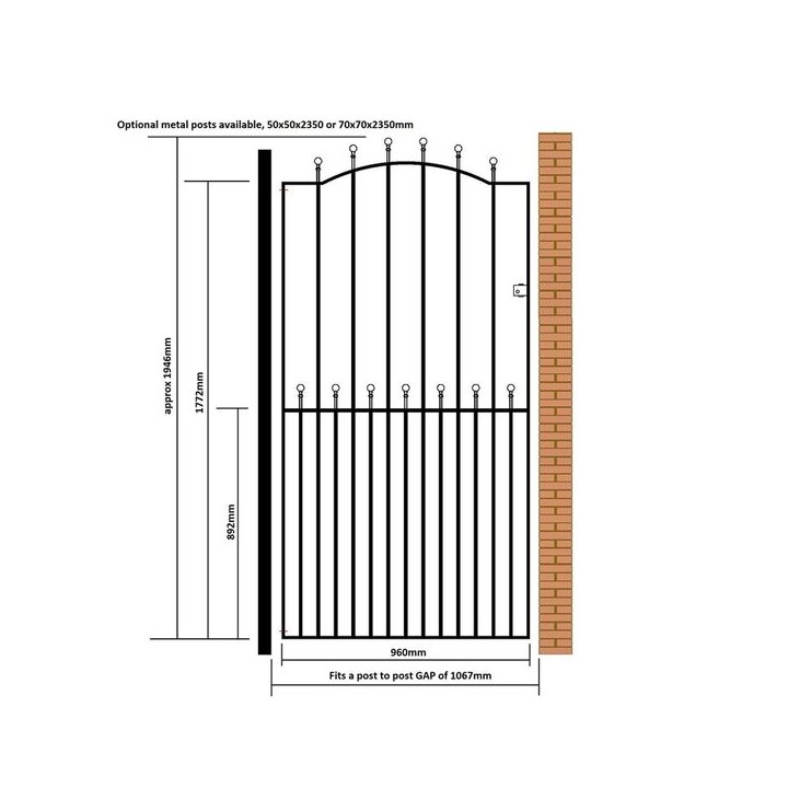Manor Tall Bow Top Single Metal Gate 1067mm GAP x 1940mm High Zinc & Powder MAZP34