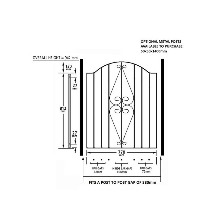 Stirling Low Bow Top Single Metal Gate 880mm GAP x 946mm High Zinc & Powder HESB