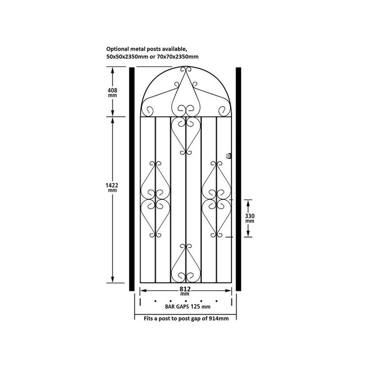 Classic Tall Bow Top Metal Single Gate 914mm GAP x 1830mm High Zinc & Powder CBZP42