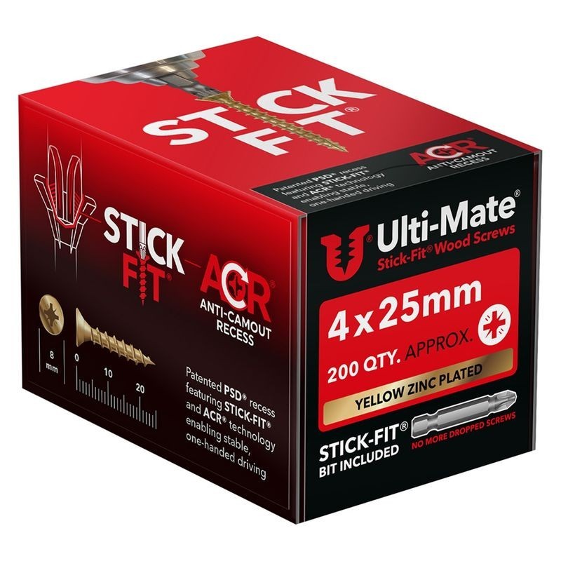 Ulti-Mate® Stick-Fit® Wood Screws 4.0 x 25mm Qty 200