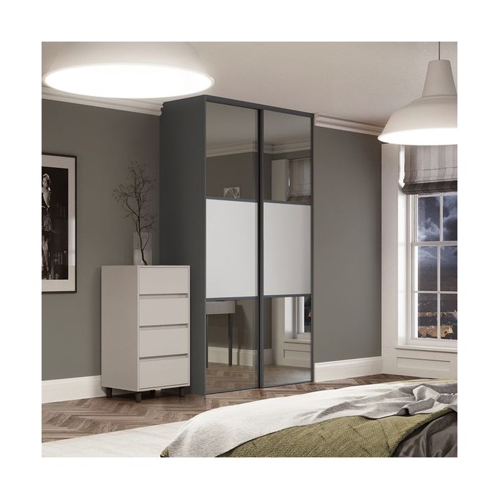 Spacepro Classic 2 x Graphite Frame Mirror Dove Grey Panel Sliding Doors H2260 x W1489