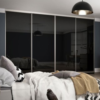 Spacepro Contour 4 x Silver Frame Black Glass Sliding Doors H2260 x W3586