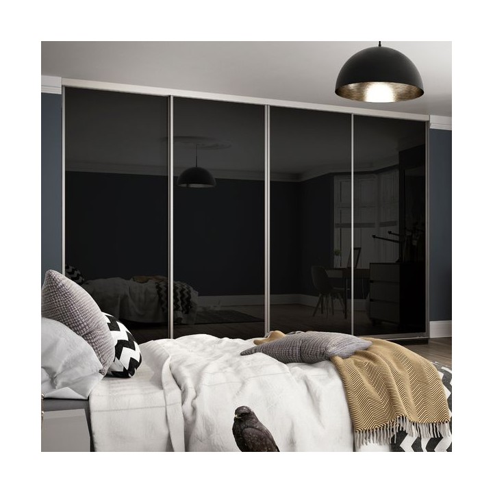 Spacepro Contour 4 x Silver Frame Black Glass Sliding Doors H2260 x W3586