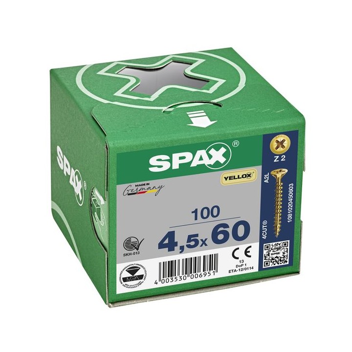 SPAX PZ Flat Countersunk Screw Yellox Coated 4.5 x 60mm Qty 100
