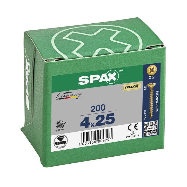 SPAX PZ Flat Countersunk Screw Yellox Coated 4 x 25mm Qty 200