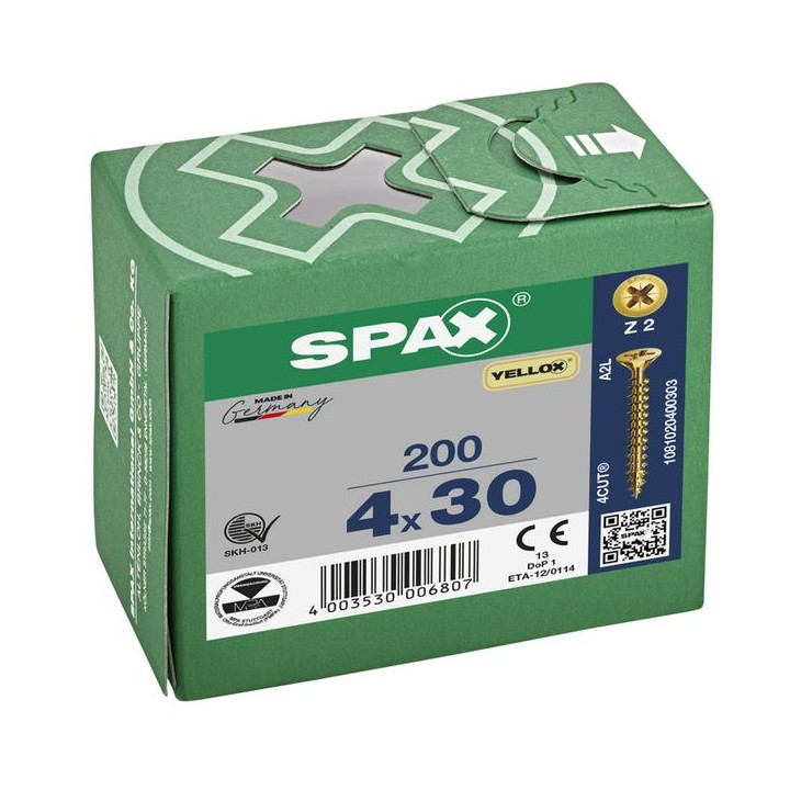 SPAX PZ Flat Countersunk Screw Yellox Coated 4 x 30mm Qty 200