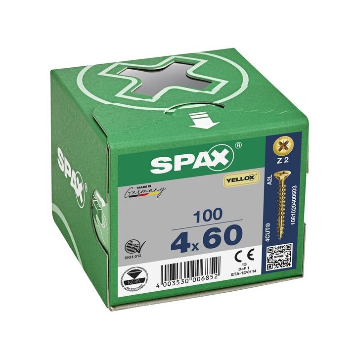 SPAX PZ Flat Countersunk Screw Yellox Coated 4 x 60mm Qty 100