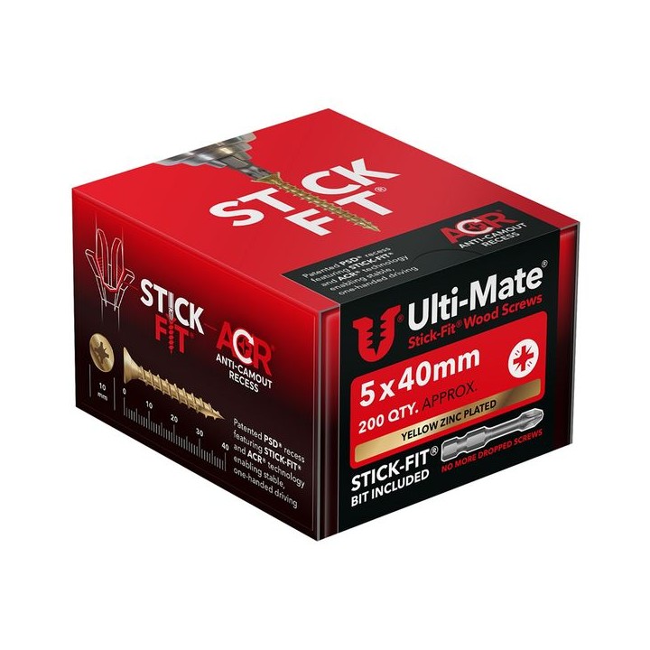 Ulti-Mate® Stick-Fit® Wood Screws 5.0 x 40mm Qty 200