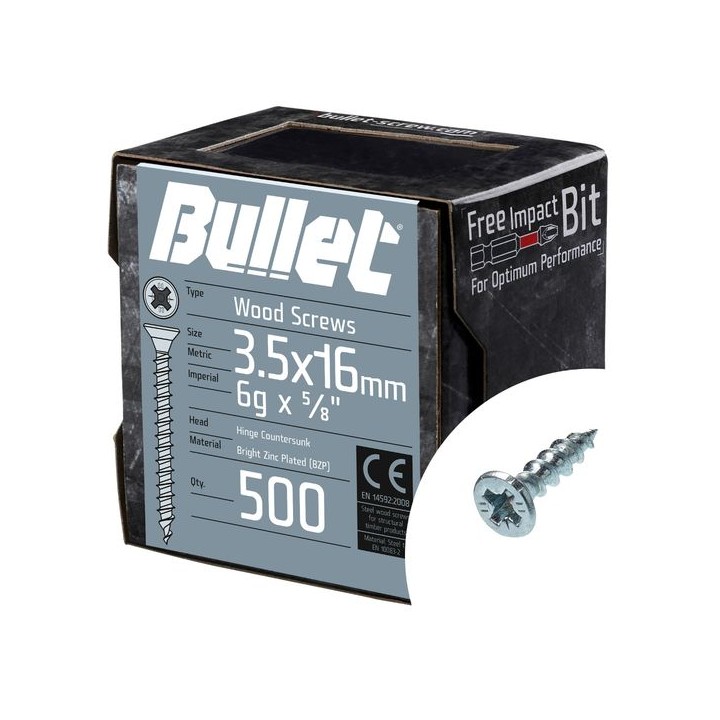 Bullet 3.5 x 16mm Wood Screw Bright Zinc Plated Qty 500