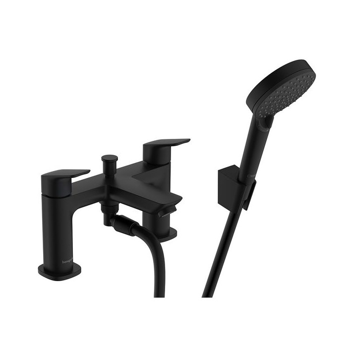 Hansgrohe Logis 2-hole rim mounted bath mixer with diverter valve & Vernis Blend hand shower Vario - Matt Black - 71438670