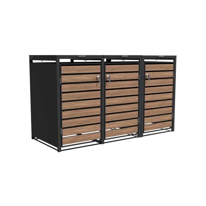 Triple Bin Storage with Lid - Woodgrain & Charcoal