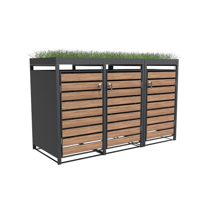 Triple Bin Storage with Planter - Woodgrain & Charcoal