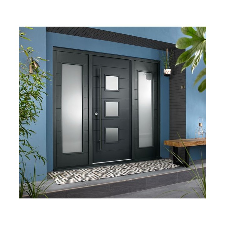 Malmo External Grey Hardwood Veneer Door 1981 x 838 x 44mm and Frame with 2 Side Lights 610mm Left and Right Hand