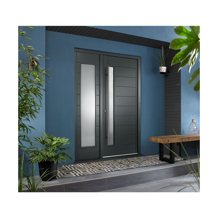 Stockholm External Grey Hardwood Veneer Door 1981 x 838 x 44mm and Frame with Side Light 610mm Reversible
