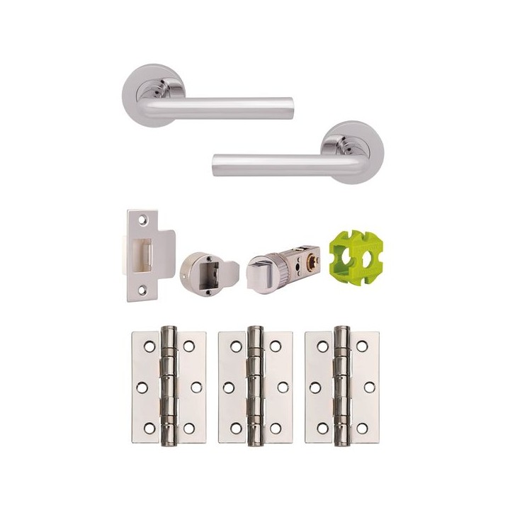 Jigtech JTB72025 Riva Round Rose Lever Handle Door Pack Polished Chrome (Includes 57mm Latch & 3xHinges)