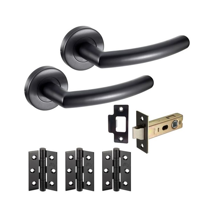 Jb Kind Raven RAVLP Curved Lever On Round Rose Handle and Latch Pack Matt Black