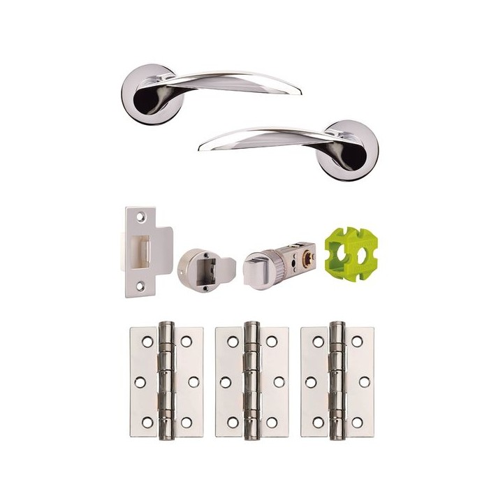 Jigtech JTB72000 Cresta Round Rose Lever Handle Door Pack Polished Chrome (Includes 57mm Latch & 3xHinges)