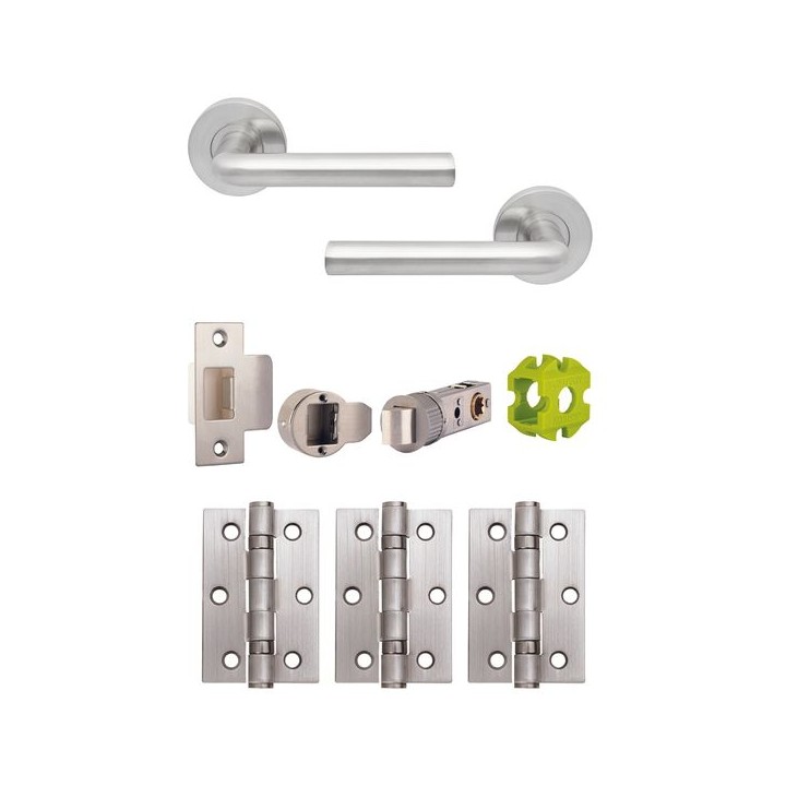 Jigtech JTB72225 Riva Round Rose Lever Handle Door Pack Satin Chrome (Includes 57mm Latch & 3xHinges)
