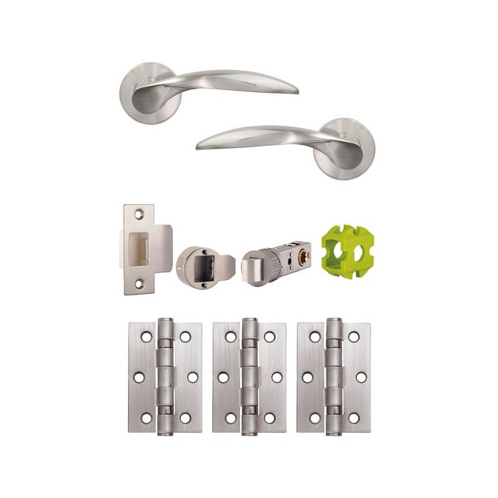 Jigtech JTB72200 Cresta Round Rose Lever Handle Door Pack Satin Chrome Plated (Includes 57mm Latch & 3xHinges)