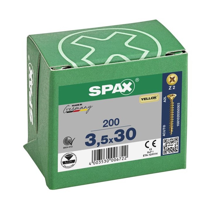 SPAX PZ Flat Countersunk Screw Yellox Coated - 3.5 x 30mm Qty 200