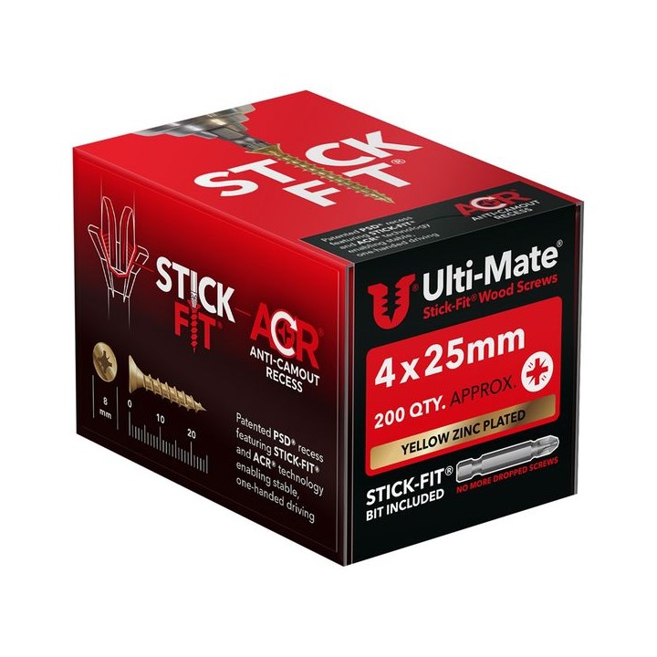 Ulti-Mate® Stick-Fit® Wood Screws 4.0 x 25mm Qty 200