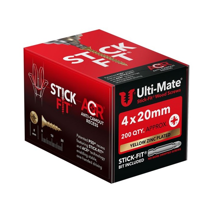 Ulti-Mate® Stick-Fit® Wood Screws 4.0 x 20mm Qty 200
