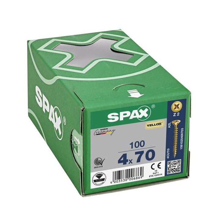 SPAX PZ Flat Countersunk Screw Yellox Coated - 4 x 70mm Qty 100