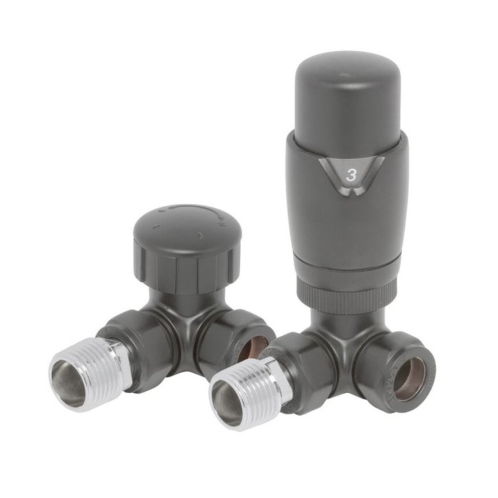 Towelrads Round Corner Thermostatic Radiator Valves and Lockshield Set Anthracite 125019