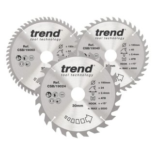 Trend Wood Circular Saw Blade 190mm x 30mm x 24/40/60T Pack of 3