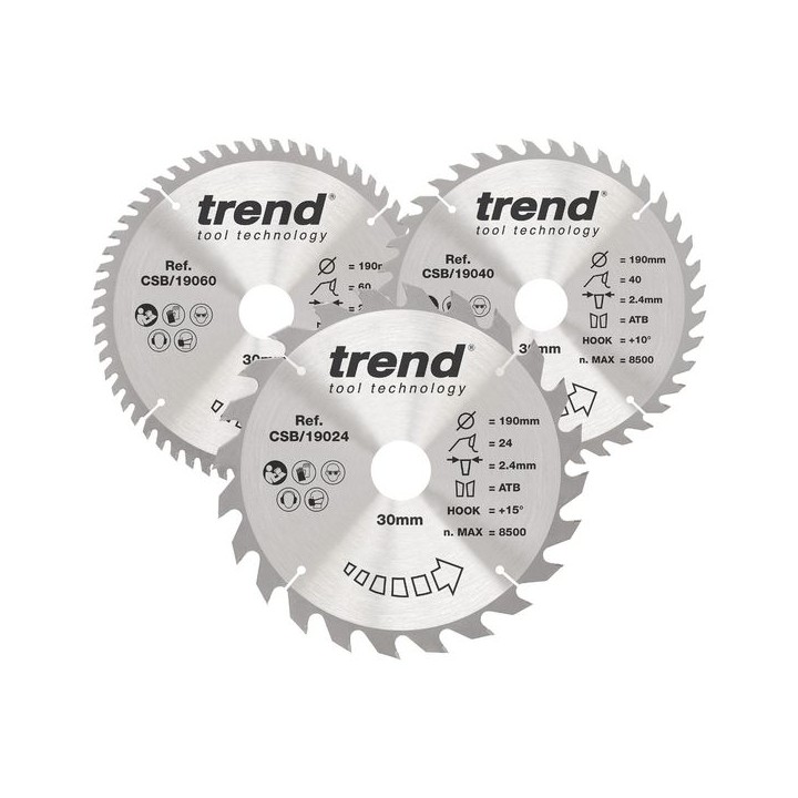 Trend Wood Circular Saw Blade 190mm x 30mm x 24/40/60T Pack of 3