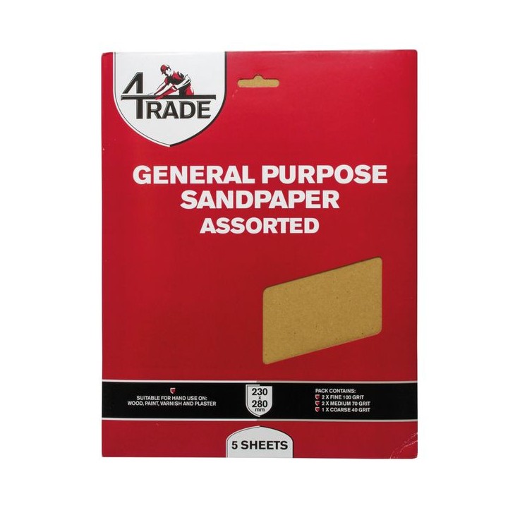 4Trade General Purpose Sandpaper Fine Packs of 5