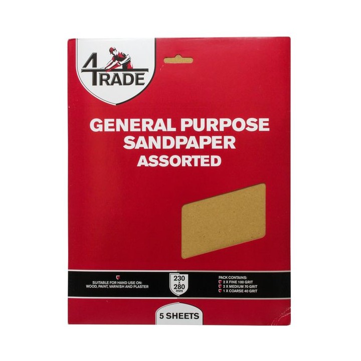 4Trade General Purpose Sandpaper 5 Pack Assorted